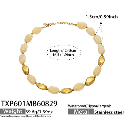 B廠【TXP601】歐美高級感小眾不鏽鋼鍍18k金樹脂橢圓串珠項鍊手鍊飾品首飾套裝
 26.09-1