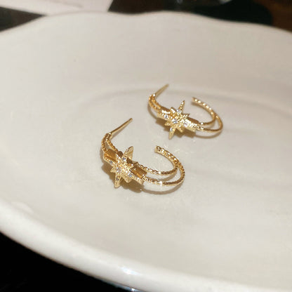 A廠【HE28853】925銀針超閃鋯石芒星C形耳環歐美時尚簡約百搭耳環輕奢高級感耳飾女
 25.10-2