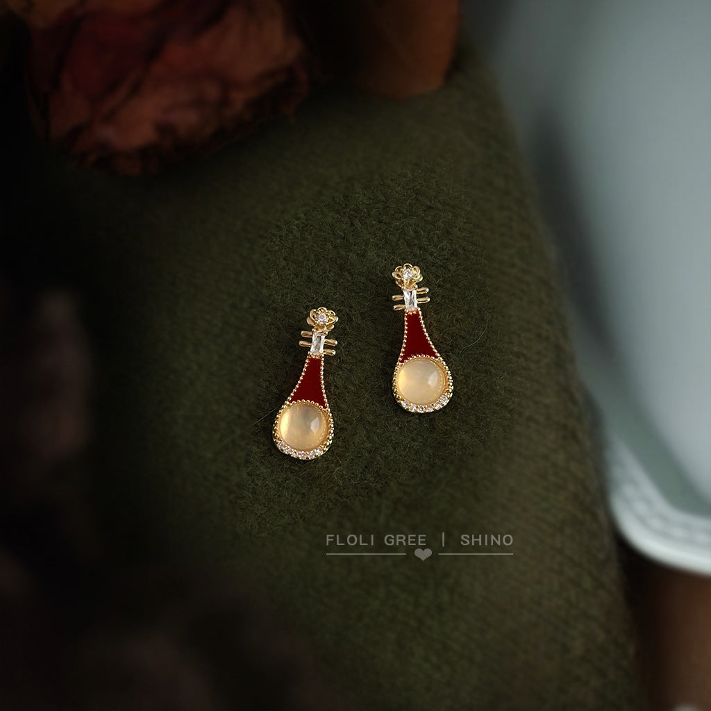 A廠【6836】原創琵琶~瑪瑙文藝氣質微鑲鋯石925銀針琺瑯滴釉酒紅色耳環耳飾女
 25.10-3