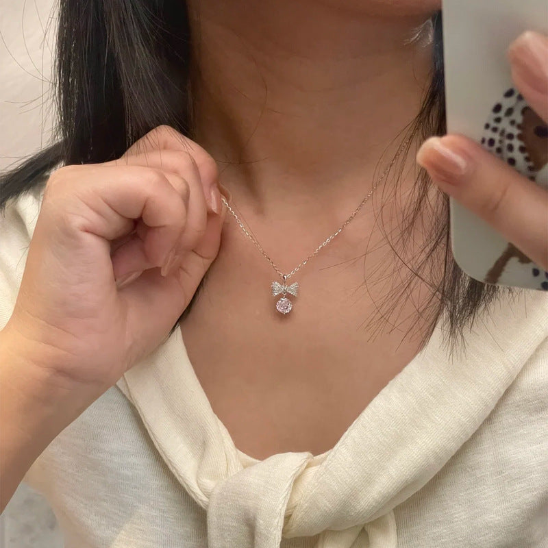 F廠【XDQ0749N】S925純銀韓系甜美蝴蝶結玫瑰切項鍊女小眾精緻閃鑽百搭鎖骨鏈
 25.11-2