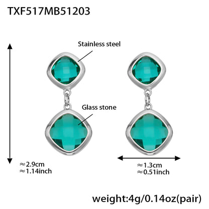 B廠【TXP517】不銹鋼方形切麵包邊玻璃石吊墜耳環項鍊手鍊珠寶首飾套裝鍍18k金
 25.12-2