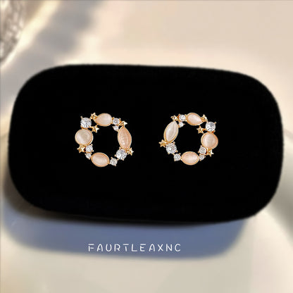 C廠【6958】原創設計玻璃貓眼石微鑲鋯石925銀針鍍14K通勤高級感圓耳環耳飾
 25.10-4