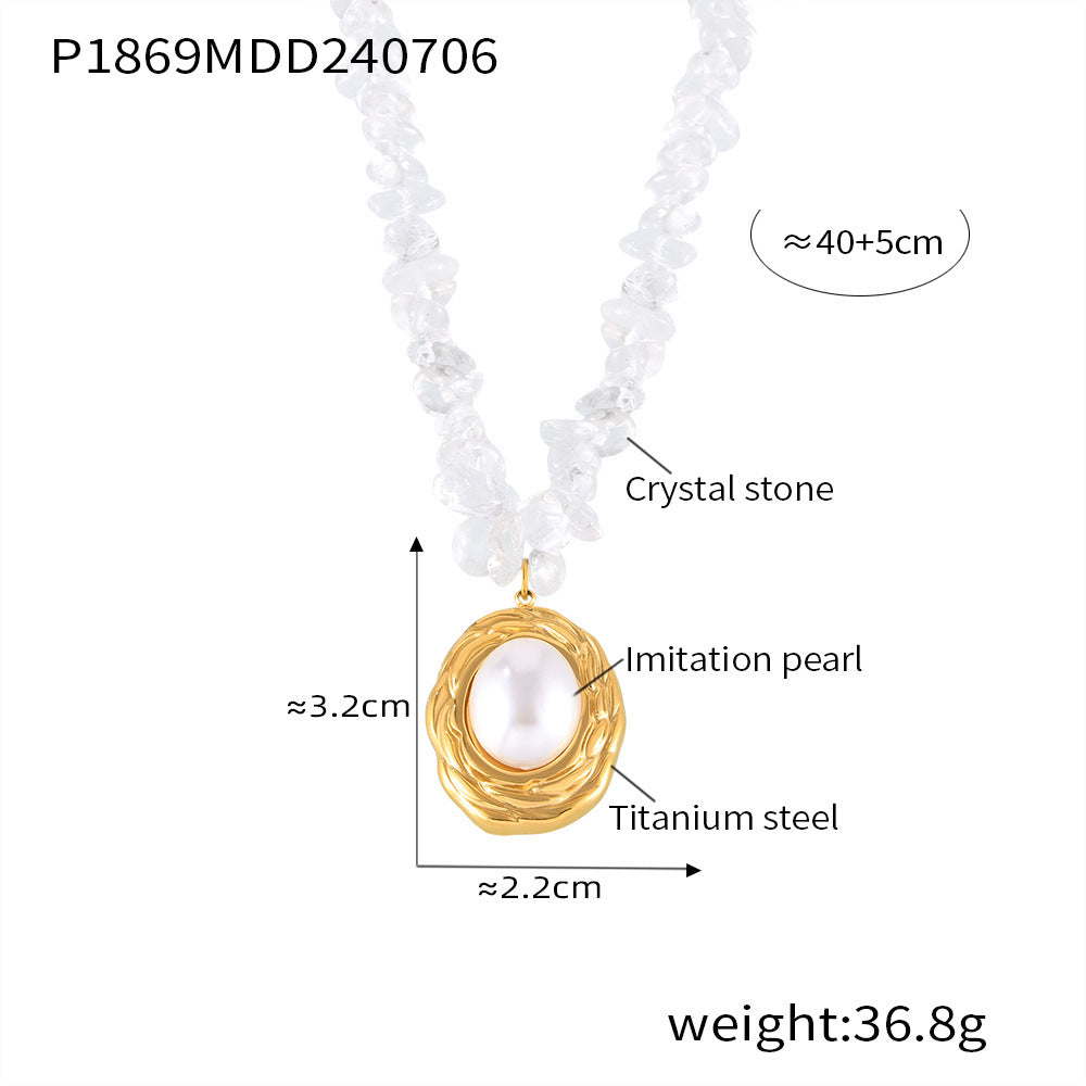 B廠【P1869】跨國新款橢圓形鈦鋼鑲仿珍珠吊墜鍍金串水晶碎石項鍊輕奢飾品 24.07-2