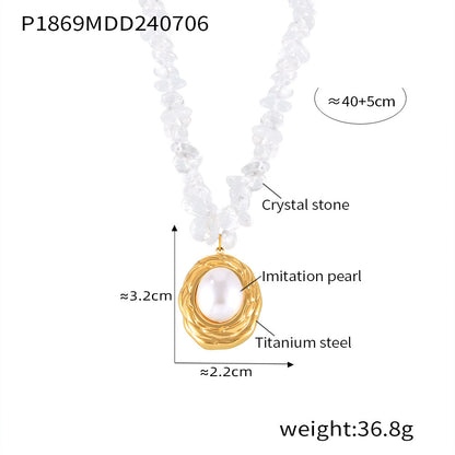 B廠【P1869】跨國新款橢圓形鈦鋼鑲仿珍珠吊墜鍍金串水晶碎石項鍊輕奢飾品 24.07-2