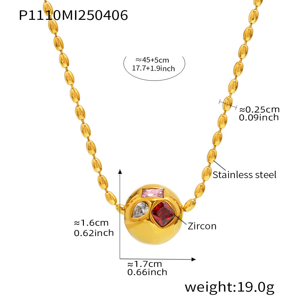 B廠【P1110】歐美飾品不鏽鋼圓珠鑲捷克水鑽吊墜米珠鎖骨項鍊PVD鍍18k金 25.04-2