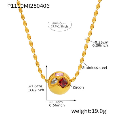 B廠【P1110】歐美飾品不鏽鋼圓珠鑲捷克水鑽吊墜米珠鎖骨項鍊PVD鍍18k金 25.04-2