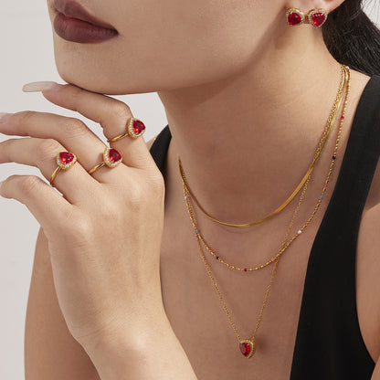 B廠【TXP354】新款紅色玻璃愛心滿鑽鎖骨項鍊耳環戒指不銹鋼材質飾品套裝 25.08-2