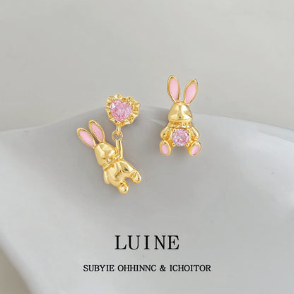 A廠【7361】原創設計可愛不對稱甜美兔子耳環鑲嵌鋯石銀針趣味童趣耳飾女
 26.01-3