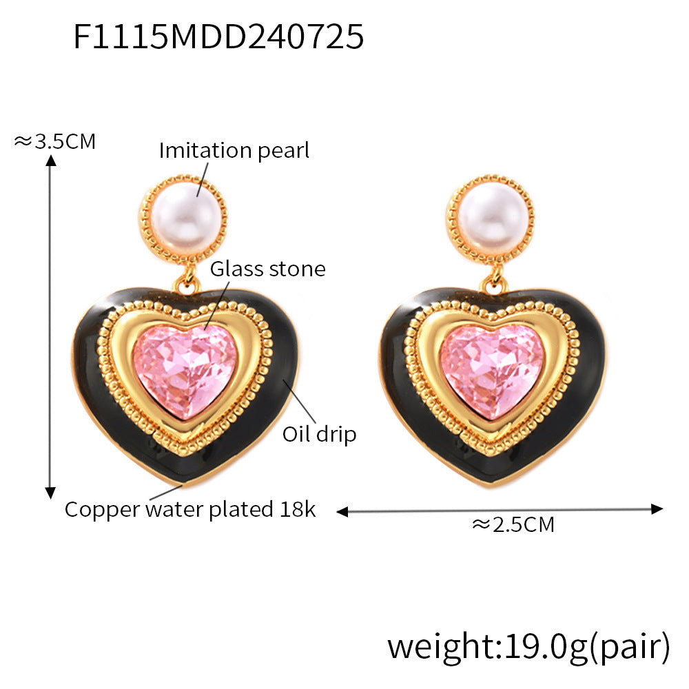 B廠【F1115】法式仿珍珠愛心立體玻璃石飽滿耳環輕奢感銅材質2024跨國熱銷耳飾 24.07-5