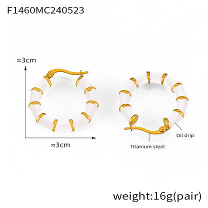 B廠【F1460】歐美新款滴油金屬拼接鈦鋼鍍18k金耳圈時尚個性百搭竹節保色耳環 24.06-1