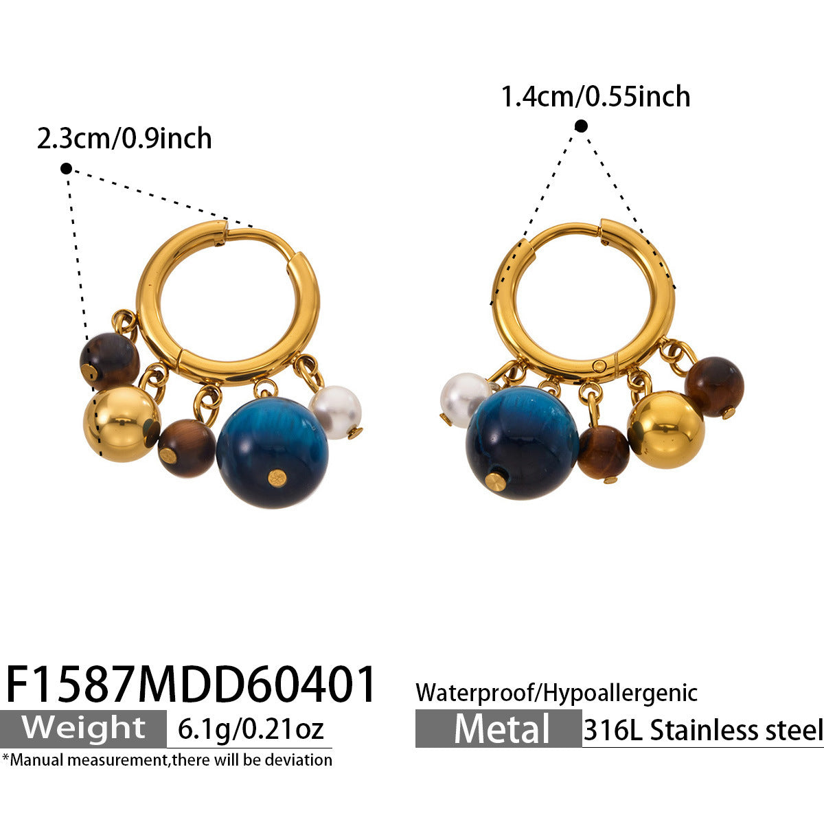 B廠【F1587】美拉德復古天然虎眼石流蘇耳環不鏽鋼鍍18k真金個性時尚百搭耳飾
 26.04-3