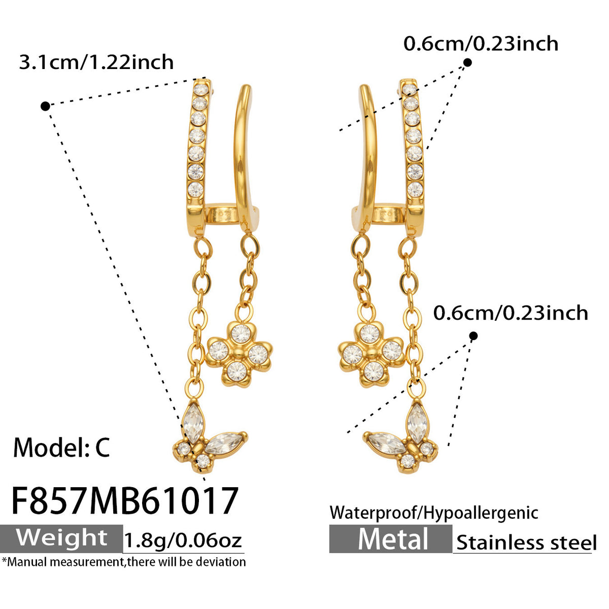 B廠【F857】幾何四瓣花愛心鑲锆石耳墜不鏽鋼耳環組
 26.10-4