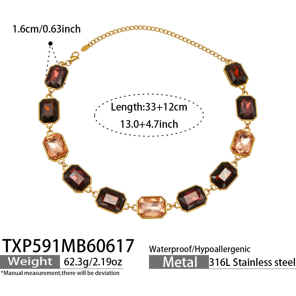 B廠【TXP591】歐美新款多色長方形玻璃石項鍊手鍊首飾套裝復古宴會風不銹鋼飾品
 26.06-4