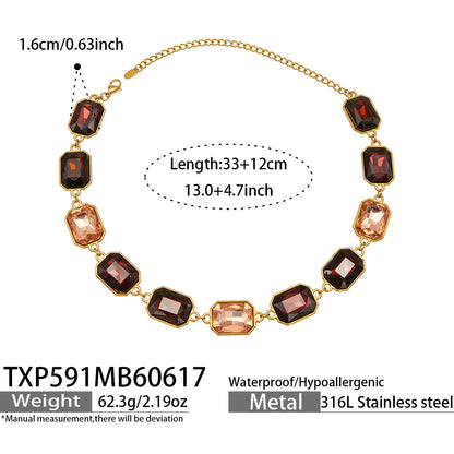 B廠【TXP591】歐美新款多色長方形玻璃石項鍊手鍊首飾套裝復古宴會風不銹鋼飾品
 26.06-4