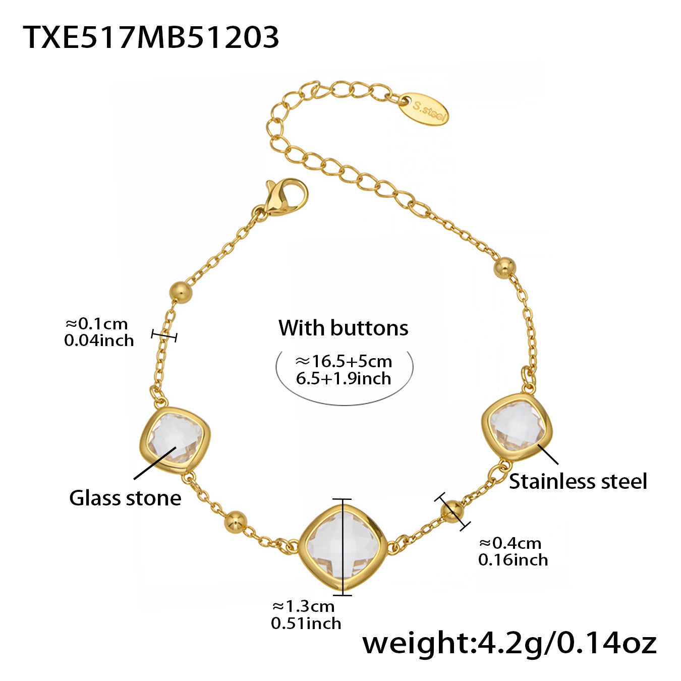 B廠【TXP517】不銹鋼方形切麵包邊玻璃石吊墜耳環項鍊手鍊珠寶首飾套裝鍍18k金
 25.12-2