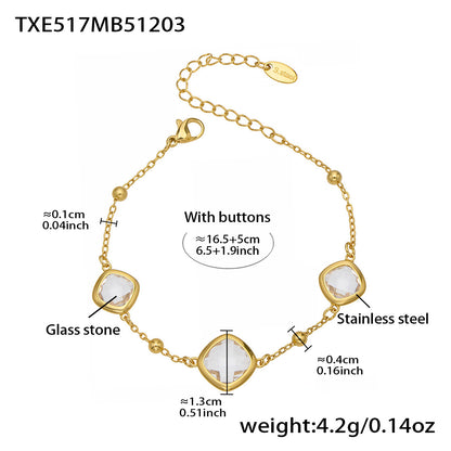 B廠【TXP517】不銹鋼方形切麵包邊玻璃石吊墜耳環項鍊手鍊珠寶首飾套裝鍍18k金
 25.12-2