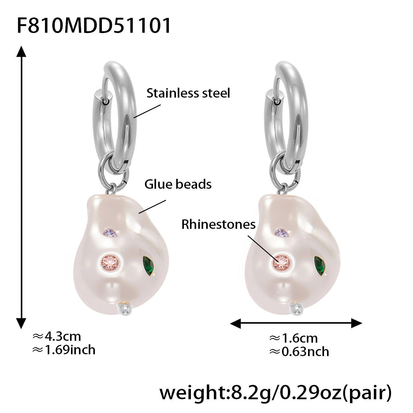 B廠【F810】不鏽鋼異形巴洛克膠珠耳環鍍18k金彩色水鑽時尚輕奢耳飾女
 25.11-1