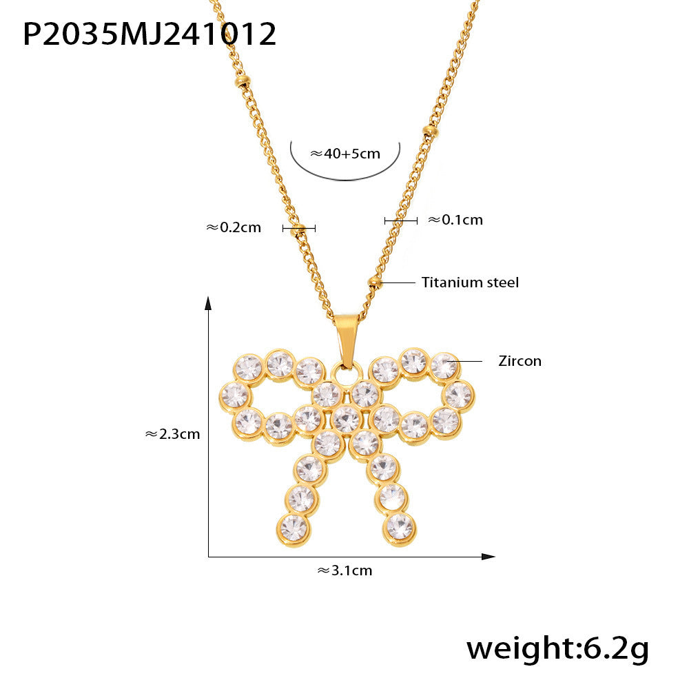 B廠【P2035】飾品蝴蝶結施家貝珠鋯石鎖骨項鍊鈦鋼PVD電鍍金不褪色項鍊 24.10-4