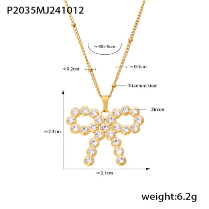 B廠【P2035】飾品蝴蝶結施家貝珠鋯石鎖骨項鍊鈦鋼PVD電鍍金不褪色項鍊 24.10-4