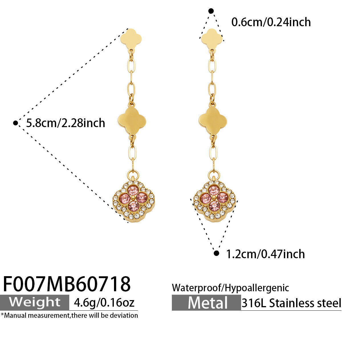 B廠【F007】清新甜美不鏽鋼鍍18k金 四葉花滿鋯石吊墜耳環高級感輕奢女飾品
 26.07-4