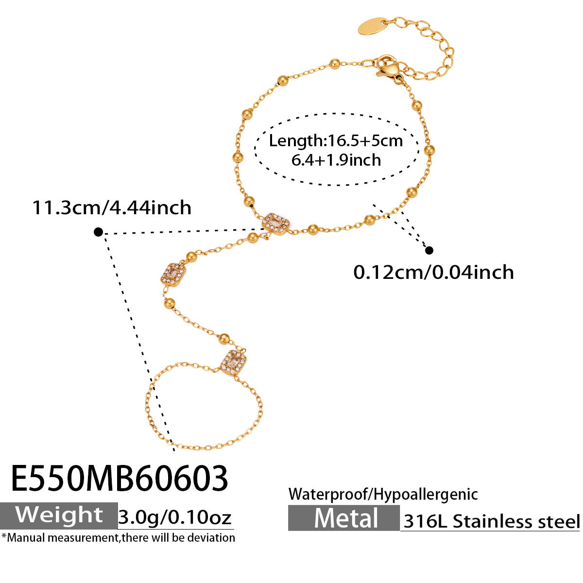 B廠【E550】手指鏈鑲嵌鋯石方塊夾珠鍊手鍊chic歐美時尚輕奢不鏽鋼18k金手飾
 26.06-2