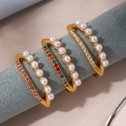 B廠【A054】歐美不鏽鋼雙層施家貝珠5A鋯石黏鑽側開口調整戒指鍍18k金 25.03-4