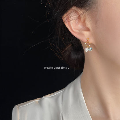 A廠【6441】淡水珍珠玻璃水晶藍色海洋繫手工小巧耳環女氣質簡約甜美新款耳飾 25.07-3