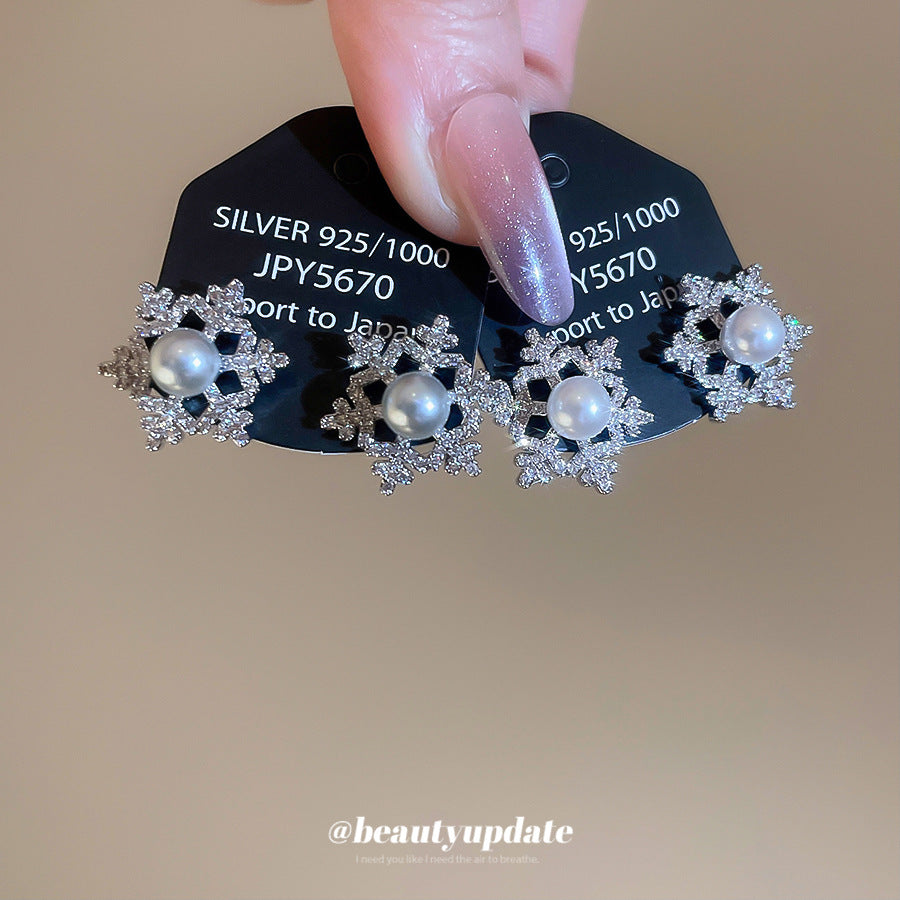 A廠【HE29327】925銀針鋯石鏤空雪花珍珠耳環精緻優雅輕奢氣質耳環小眾高級感耳飾女
 25.11-2