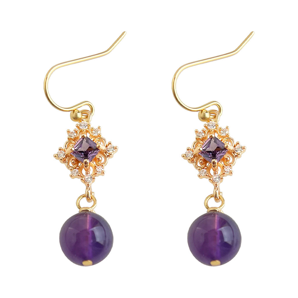 C廠【7019】鑲嵌鋯石天然石薰衣草紫水晶手工耳環氣質國潮新中式耳飾
 25.11-1