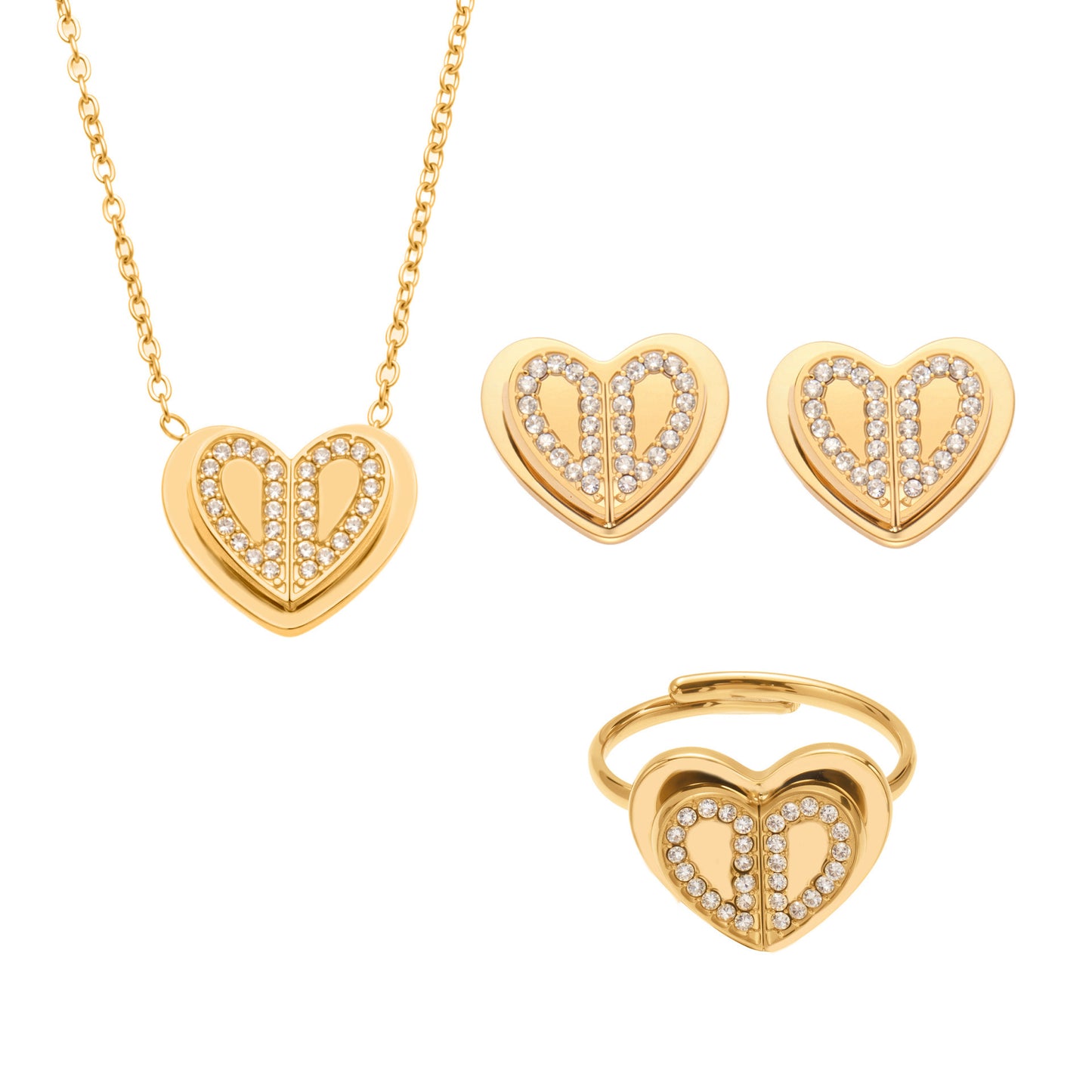 B廠【TXP446】小眾設計雙層愛心5A鑲鋯石戒指耳環項鍊不鏽鋼材質鍍18k金
 25.10-4