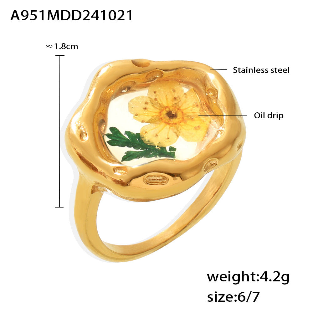 B廠【A951】歐美小眾滴油乾燥花戒指輕奢感冷淡風植物花卉不鏽鋼食指戒女 24.10-4