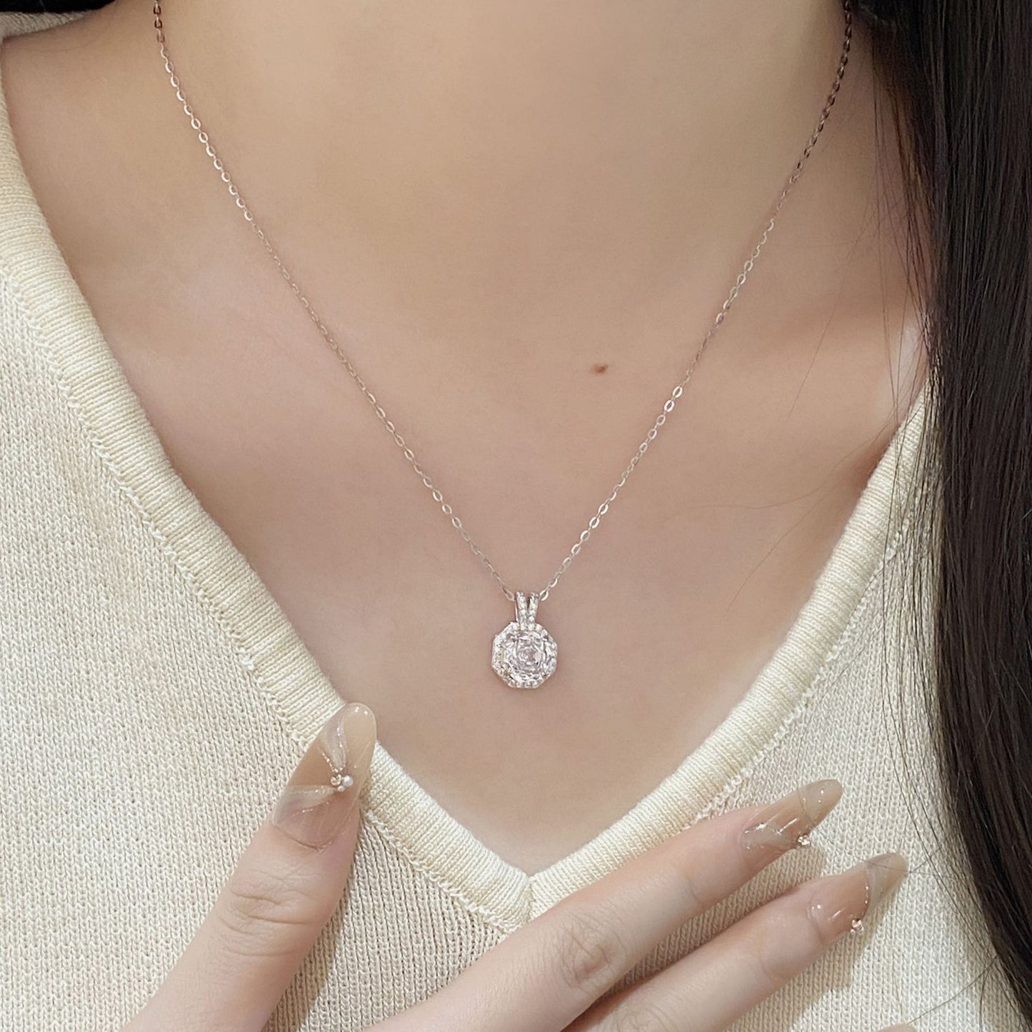 F廠【DQ2348N】S925純銀爆閃八角玫瑰切項鍊女高級感海藍玫瑰鋯石鎖骨鏈
 25.11-1