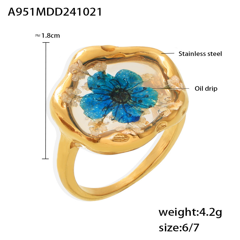 B廠【A951】歐美小眾滴油乾燥花戒指輕奢感冷淡風植物花卉不鏽鋼食指戒女 24.10-4