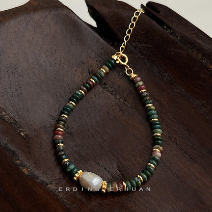 A廠【S201】天然石印度瑪瑙淡水珍珠文藝復古民族風手工藝設計師款手鍊手飾 25.03-4