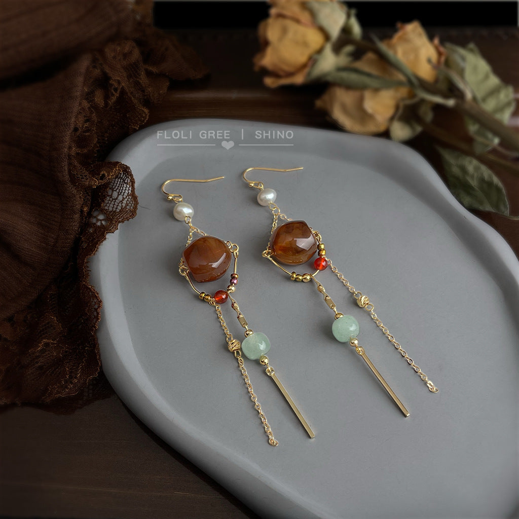 A廠【6935】設計師手工作品！長版文藝復古淡水珍珠美拉德風流蘇耳環
 25.10-3