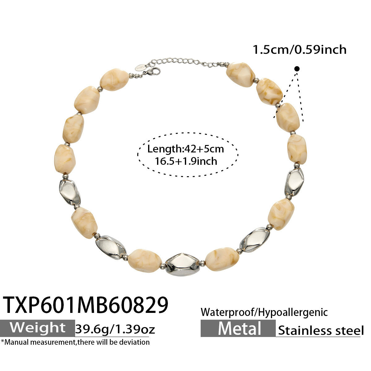 B廠【TXP601】歐美高級感小眾不鏽鋼鍍18k金樹脂橢圓串珠項鍊手鍊飾品首飾套裝
 26.09-1