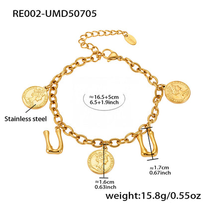 B廠【RE002】歐美飾品不鏽鋼26個字母伊莉莎白女王圖像手鍊鍍18k金色保色 25.07-3
