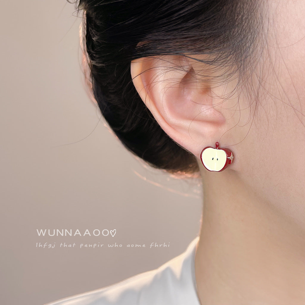 A廠【7174】創意ins風925銀針琺瑯滴釉酒紅色蘋果耳環不對稱個性AB款耳飾
 25.12-1