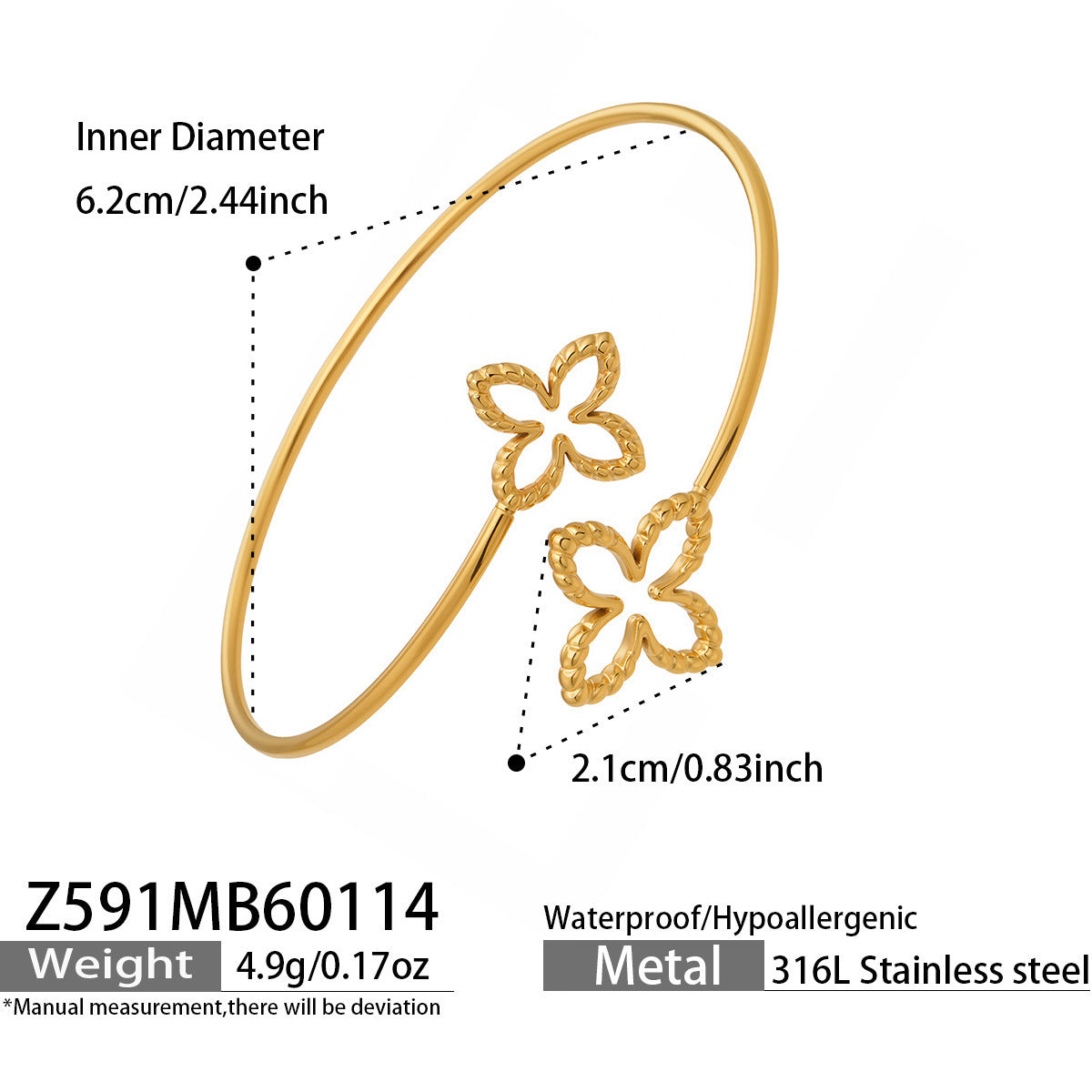 B廠【Z591】跨國個性簡約設計雙花鏤空開口手環不鏽鋼鍍18k真金時尚百搭手環
 26.03-2