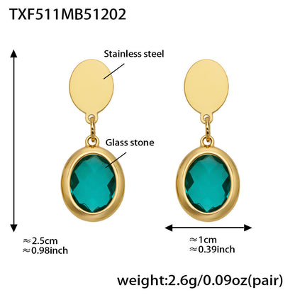 B廠【TXP511】不鏽鋼幾何橢圓切面玻璃石包邊項鍊手鍊耳環組鍍18k金跨國首飾
 25.12-2