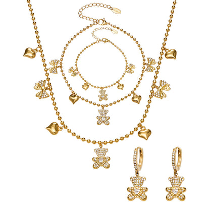 B廠【TXP500】不銹鋼5A鋯石滿鑽小熊蝴蝶結愛心多配件吊墜項鍊手鍊耳環首飾套裝
 25.11-4