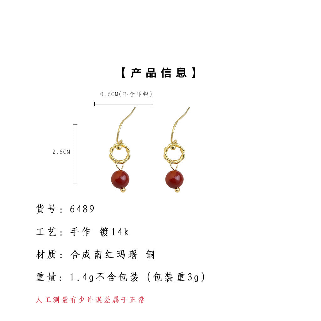 C廠【6489】文藝復古相思紅豆合成南紅瑪瑙小巧簡約時尚通勤手工耳環 25.08-1