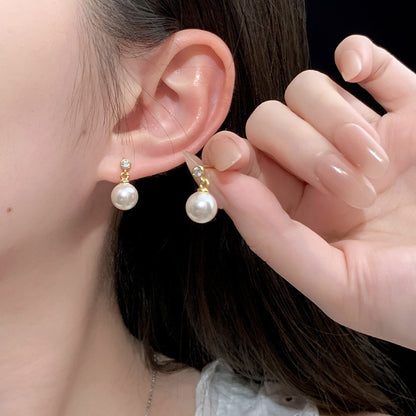 E廠【DQ10492E】S925純銀簡約氣質仿珍珠耳環女法式高級感鑲閃鋯耳環
 25.09-4