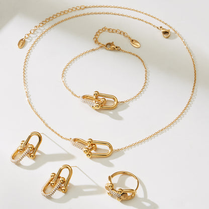 B廠【TXP501】不銹鋼馬蹄扣帶鑽飾品耳環戒指手鍊項鍊首飾套裝鍍18k真金不掉色
 25.11-4