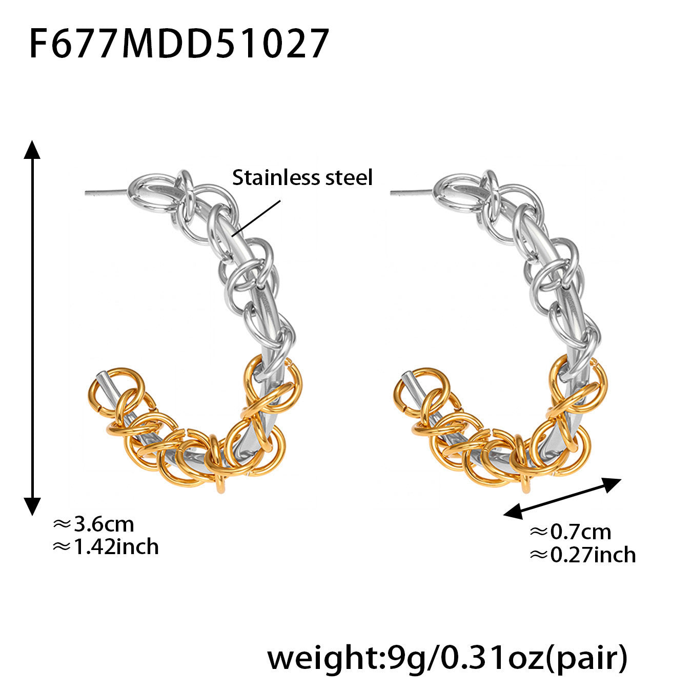 B廠【F677】不鏽鋼嘻哈環扣纏繞C型拼色間電耳環歐美小眾耳飾鍍18k真金
 25.11-1
