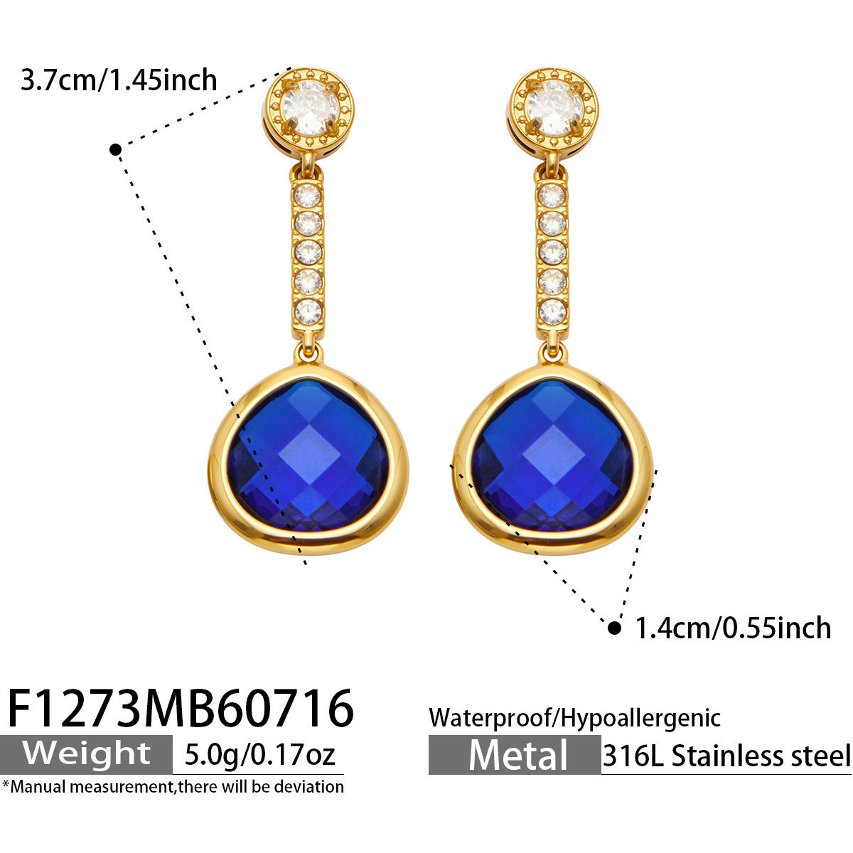 B廠【F1273】全新超閃三色切面玻璃石鑲鋯石耳環不鏽鋼鍍18k金 女飾品耳環
 26.07-4