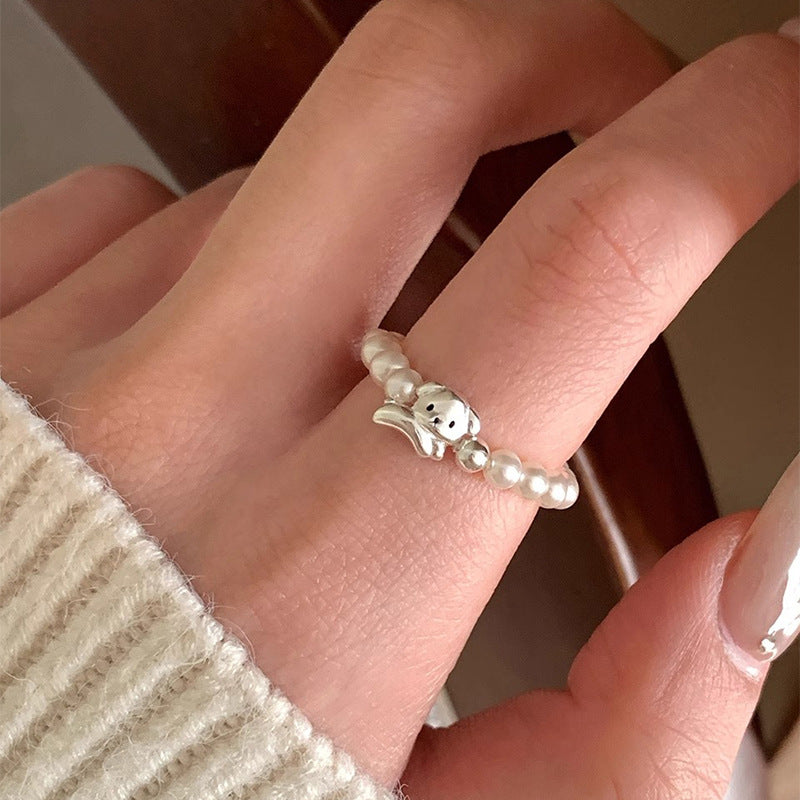 F廠【DQ8547R】S925純銀韓版施家仿珍珠小狗戒指女精緻時髦感手工設計食指戒 25.05-5