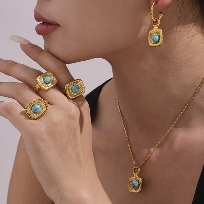 B廠【TXP332】新款不銹鋼藍松石吊墜項鍊耳環戒指套裝歐美精緻飾品不掉色 25.08-1