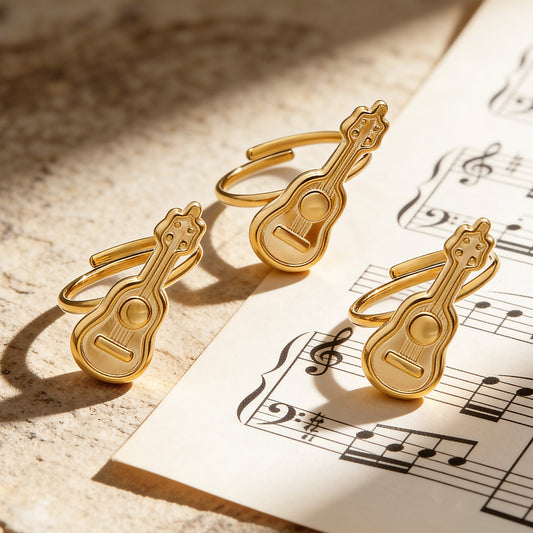 B廠【A542】不鏽鋼小吉他開環戒指鍍18k真金學院風個性潮酷配件ins小眾設計感
 25.12-3