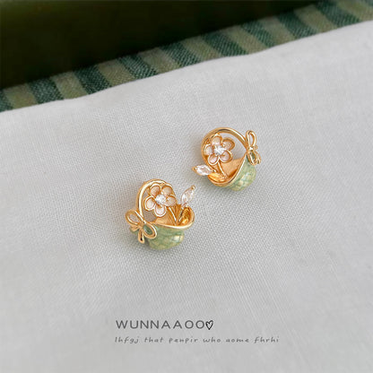 C廠【6987】原創森系花籃手工彩繪琺瑯滴釉s925銀針微鑲鋯石耳環田園風耳飾女
 25.10-5